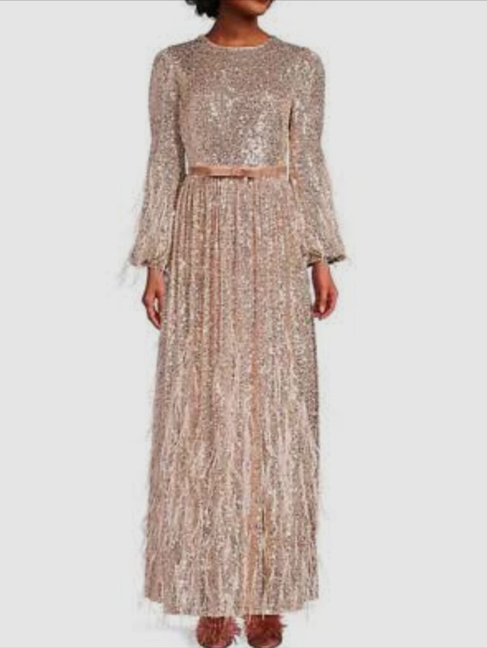 ANTONIO MELANI Rose Gold Sequin Fringe Maxi Dress